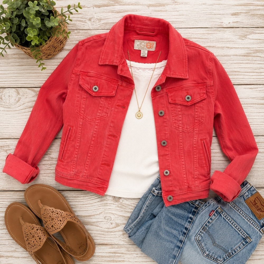 GB Denim Jacket Red Button Front Cropped size XS Red Stretch Trucker Cotton
